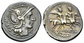 M. Atilius Serranus. Denarius circa 148, AR 20.5mm., 3.95g. Helmeted head of Roma r., behind, SARAN (downwards) and below chin, X. Rev. The Dioscuri g...