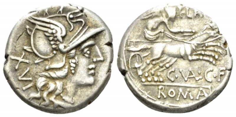 C. Valerius Flaccus. Denarius circa 140, AR 18.5mm., 3.85g. Helmeted head of Rom...