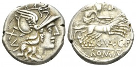 C. Valerius Flaccus. Denarius circa 140, AR 18.5mm., 3.85g. Helmeted head of Roma r.; behind, XVI (downwards). Rev. FLAC Victory in biga r.; below hor...