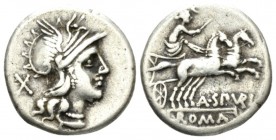 A. Spurius or A. Spurilius. Denarius circa 139, AR 17.5mm., 3.77g. Denarius 139, AR 3.92 g. Helmeted head of Roma r.; behind, X. Rev. Luna in fast big...