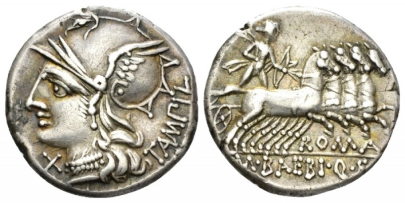 M. Baebius Q.f. Tampilus Denarius circa 137, AR 19mm., 3.82g. Helmeted head of R...