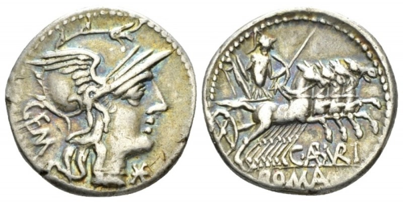 C. Aburius Geminus. Denarius circa 134, AR 19mm., 3.86g. Helmeted head of Roma r...