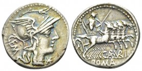 C. Aburius Geminus. Denarius circa 134, AR 19mm., 3.86g. Helmeted head of Roma r.; below chin, * and behind, GEM. Rev. Mars in quadriga r., holding sp...