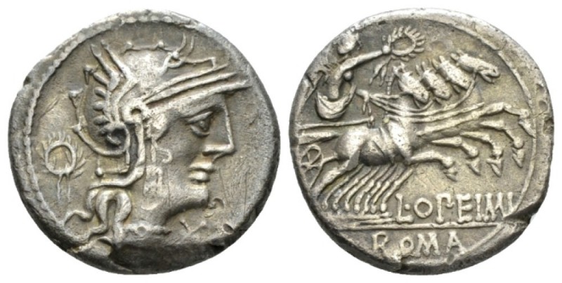 L. Opimius. Denarius circa 131, AR 17.5mm., 3.58g. Helmeted head of Roma r.; bel...