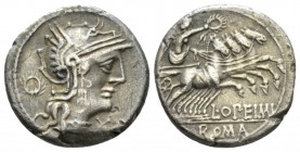L. Opimius. Denarius circa 131, AR 17.5mm., 3.58g. Helmeted head of Roma r.; below chin, * and behind, wreath. Rev. Victory in quadriga r., holding re...
