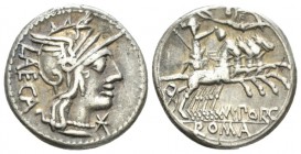 M. Porcius Laeca. Denarius circa 125, AR 18mm., 3.89g. LAECA Helmeted head of Roma r.; below chin, *. Rev. Fast quadriga driven r. by Liberty, holding...