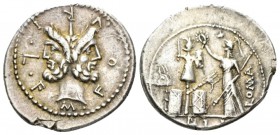 M. Furius L.f. Philus. Denarius 121, AR 22mm., 3.97g. M·FOVRI·L·F Laureate head of Janus. Rev. Roma standing l., wearing Corinthian helmet and holding...
