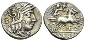 M. Calidius, Q. Metellus and Cn. Fulvius. Denarius 17 or 116, AR 18.5mm., 3.78g. Helmeted head of Roma r.; behind, ROMA and before, *. Rev. Victory in...