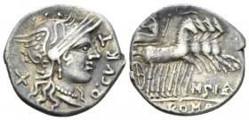 Q. Curtius and M. Silanus. Denarius 116 or 115, AR 30mm., 3.77g. Q·CVRT Helmeted head of Roma r.; behind, X. Rev. Jupiter in prancing quadriga r., hol...