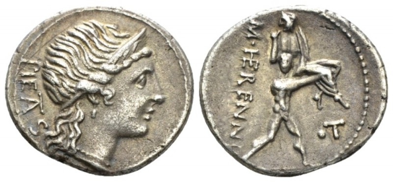 M. Herennius. Denarius 108 or 107, AR 19mm., 3.75g. PIETAS Diademed head of Piet...