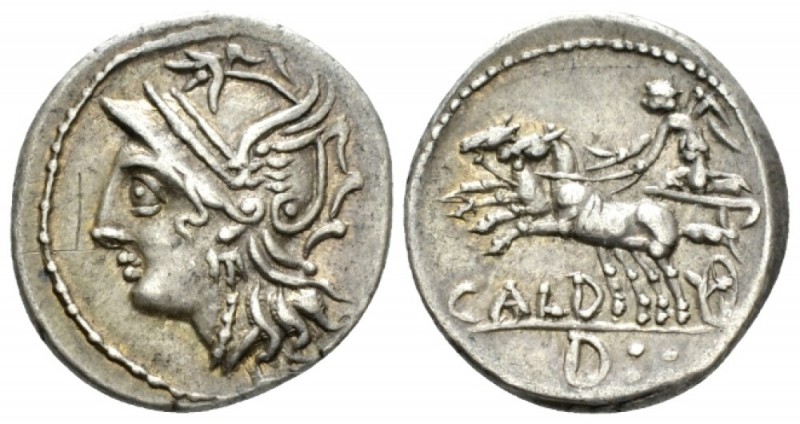 C. Coelius Caldus. Denarius circa 104, AR 19mm., 3.90g. Helmeted head of Roma l....