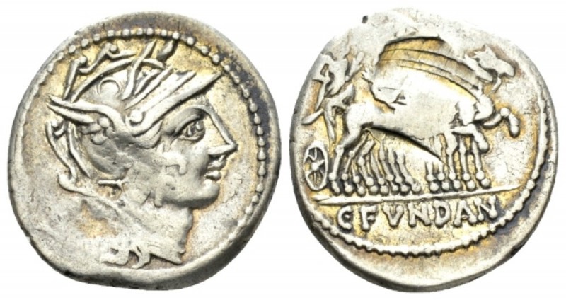 C. Fvndan Q. Denarius circa 101, AR 18.5mm., 3.86g. Helmeted head of Roma r.; be...