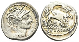 C. Fvndan Q. Denarius circa 101, AR 18.5mm., 3.86g. Helmeted head of Roma r.; behind, ·E. Rev. Triumphator in quadriga r., holding laurel branch and s...