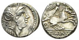 D. Iunius Silanus L.f Denarius circa 91, AR 17mm., 3.80g. Helmeted head of Roma r.; behind B. Rev. Victory in biga r., holding palm-branch and reins i...