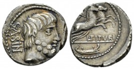 L. Tituri L.f. Sabinus. Denarius circa 89, AR 18mm., 3.90g. SABIN Head of King Tatius r. Rev. Victory in biga r., holding wreath; below, L·TITVRI and ...