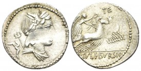 L. Iulius Bursio. Denarius circa 85, AR 19mm., 3.74g. Male head r., with the attributes of Apollo, Mercury and Neptune; behind, male figure r. Rev. Vi...