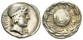 M. Caecilius Metellus. Denarius circa 82-80, AR 18mm., 3.91g. ROMA Head of Apollo r.; hair tied with band; below chin, *. Rev. M·METELLVS·Q·F Macedoni...