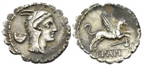 L. Papius. Denarius serratus 79, AR 20mm., 3.85g. Head of Juno Sospita r.; behind, pelta. Rev. Gryphon leaping r.; below, axe. In exergue, L·PAPI. Bab...