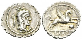 L. Papius. Denarius serratus 79, AR 21mm., 4.10g. Head of Juno Sospita r.; behind, aspergillum. Rev. Gryphon leaping r.; below, simpulum. In exergue, ...