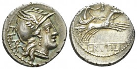 L. Rutilius Flaccus. Denarius circa 77, AR 18.5mm., 3.91g. FLAC Helmeted head of Roma r. Rev. Victory in biga r., holding reins and wreath; in exergue...