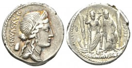 C. Egnatius Cn. f. Cn. n. Maxumus. Denarius 75, AR 18.5mm., 3.69g. MAXSVMVS Laureate and diademed bust of Libertas r.; behind, pileus. Rev. E – CNN Ro...