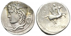 C. Cossutius C.f. Sabula. Denarius 74, AR 18.5mm., 3.89g. SABVLA Head of Medusa l. Rev. Bellerophon on Pegasus r., brandishing spear with r. hand; bel...
