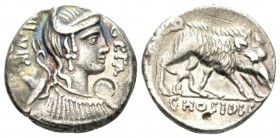 C. Hosidius C. f. Geta. Denarius 68, AR 16.5mm., 4.01g. GETA – III·VIR Diademed and draped bust of Diana r., with bow and quiver over shoulder. Rev. B...