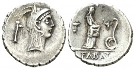 L. Roscius Fabatus. Denarius serratus circa 64, AR 18.5mm., 3.76g. Head of Juno Sospita r.; behind, shadoof and below neck truncation, L ROSCI. Rev. G...