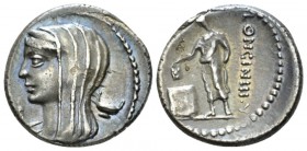 L. Cassius Longinus. Denarius circa 63, AR 19.5mm., 3.87g. Diademed and veiled head of Vesta l.; below chin, L. In r. field, dish. Rev. LONGIN·III·V V...
