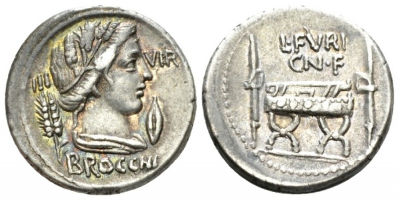 L. Furius Cn. F. Brocchus. Denarius 63, AR 19mm., 3.88g. III – VIR Head of Ceres...