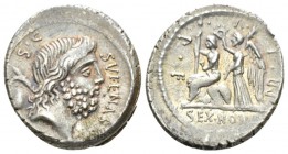 M. Nonius Sufenas. Denarius 59, AR 18mm., 3.89g. SVFENAS – S·C Head of Saturn r.; in l. field, harpa and conical stone. Rev. PR·L·V·P·F Roma seated l....