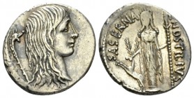 L. Hostilius Saserna. Denarius circa 48, AR 18.5mm., 3.70g. Female head r. with long hair; behind, carnyx. Rev. L·HOSTILIVS – SASERNA Artemis standing...