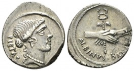 D. Iunius Brutus Albinus. Denarius circa 48, AR 19mm., 3.97g. PIETAS Head of Pietas r. Rev. Two hands clasped round winged caduceus; below, ALBINVS·BR...