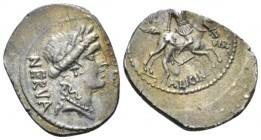 A. Licinius Nerva. Denarius circa 47, AR 18mm., 3.63g. Laureate head of Fides r.; before FIDES; behind, NERVA. Rev. Horseman galloping r., with r. han...