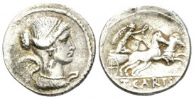 T. Carisius Denarius 46, AR 19mm., 3.94g. Bust of Victory r. Rev. Victory in prancing biga r., holding reins and wreath; in exergue, T·CARISI. Babelon...