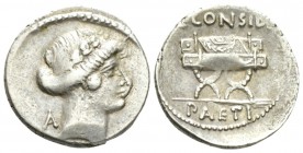 C. Considius Paetus. Denarius circa 46, AR 19mm., 3.42g. Laureate head of Apollo r.; behind, dotted border, A. Rev. C·CONSIDI Curule chair on which li...