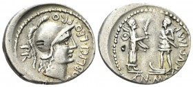 Cn. Pompeius Magnus and M. Poblicius. Denarius Spain 46-45, AR 21.5mm., 3.84g. M·POBLICI·LEG Helmeted head of Roma r.; behind, PRO – PR. Rev. CN·MAGNV...