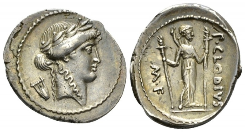 P. Clodius M. f. Turinus. Denarius circa 42, AR 20mm., 3.53g. Laureate head of A...