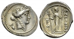 P. Clodius M. f. Turinus. Denarius circa 42, AR 20mm., 3.53g. Laureate head of Apollo r.; behind, lyre. Rev. P.CLODIVS – ·M·F Diana standing facing, w...