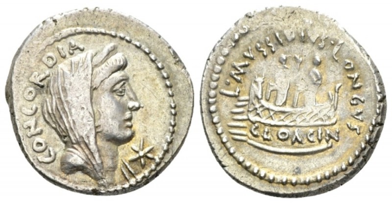 L. Mussidius Longus. Denarius 42, AR 18.5mm., 3.79g. CONCORDIA Diademed and veil...