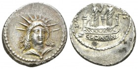 L. Mussidius Longus. Denarius 42, Ar 18.5mm., 3.59g. Radiate and draped bust of Sol facing three-quarters r. Rev. L·MVSSIDIVS· LONGVS Shrine of Venus ...