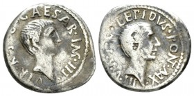 M. Aemilius Lepidus and Octavian. Denarius Italy 42, AR 17mm., 3.73g. LEPIDVS·PONT·MAX – III·V·R·P·C Bare head of M. Lepidus r. Rev. CAESAR·IMP·III· –...