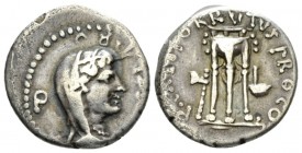 Q. Caepio Brutus and L. Sestius Pro. Q. Denarius Denarius, mint moving with Brutus 43-42, AR 18mm., 3.65g. L·SESTI P – RO – Q Veiled and draped bust L...
