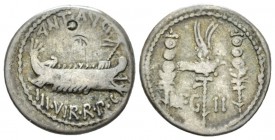 Marcus Antonius. Denarius mint moving with M. Antony 32-31, AR 18mm., 3.55g. ANT AVG – III·VIR·R·P·C Galley r., with sceptre tied with fillet on prow....