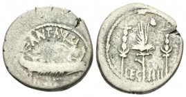 Marcus Antonius. Denarius mint moving with M. Antony 32-31, AR 18mm., 3.59g. ANT AVG – III·VIR·R·P·C Galley r., with sceptre tied with fillet on prow....