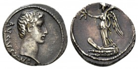 Octavian as Augustus, 27 BC – 14 AD Quinarius North peloponnesian circa 21 BC, AR 15mm., 1.50g. AVGVSTVS Bare head r. Rev. Victory on prow l., holding...