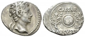 Octavian as Augustus, 27 BC – 14 AD Denarius Caesaraugusta (?) circa 19-18, AR 19.5mm., 3.64g. Oak-wreathed head r. Rev. CAESAR / AVGVSTVS Two laurel ...