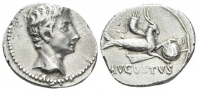 Octavian as Augustus, 27 BC – 14 AD Denarius Colonia Patricia circa 18-16, AR 20mm., 3.69g. Bare head r. Rev. Capricorn r., holding globe over rudder;...