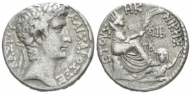 Octavian as Augustus, 27 BC – 14 AD Tetradrachm Antioch circa 5 BC, AR 26mm., 15.10g. Laureate head r. Rev Fortuna seated r. on rocky outcropping, hol...