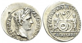 Octavian as Augustus, 27 BC – 14 AD Denarius Lugdunum circa 2BC-4AD, AR 20mm., 3.76g. Laureate head r. Rev. Caius and Lucius standing facing, holding ...
